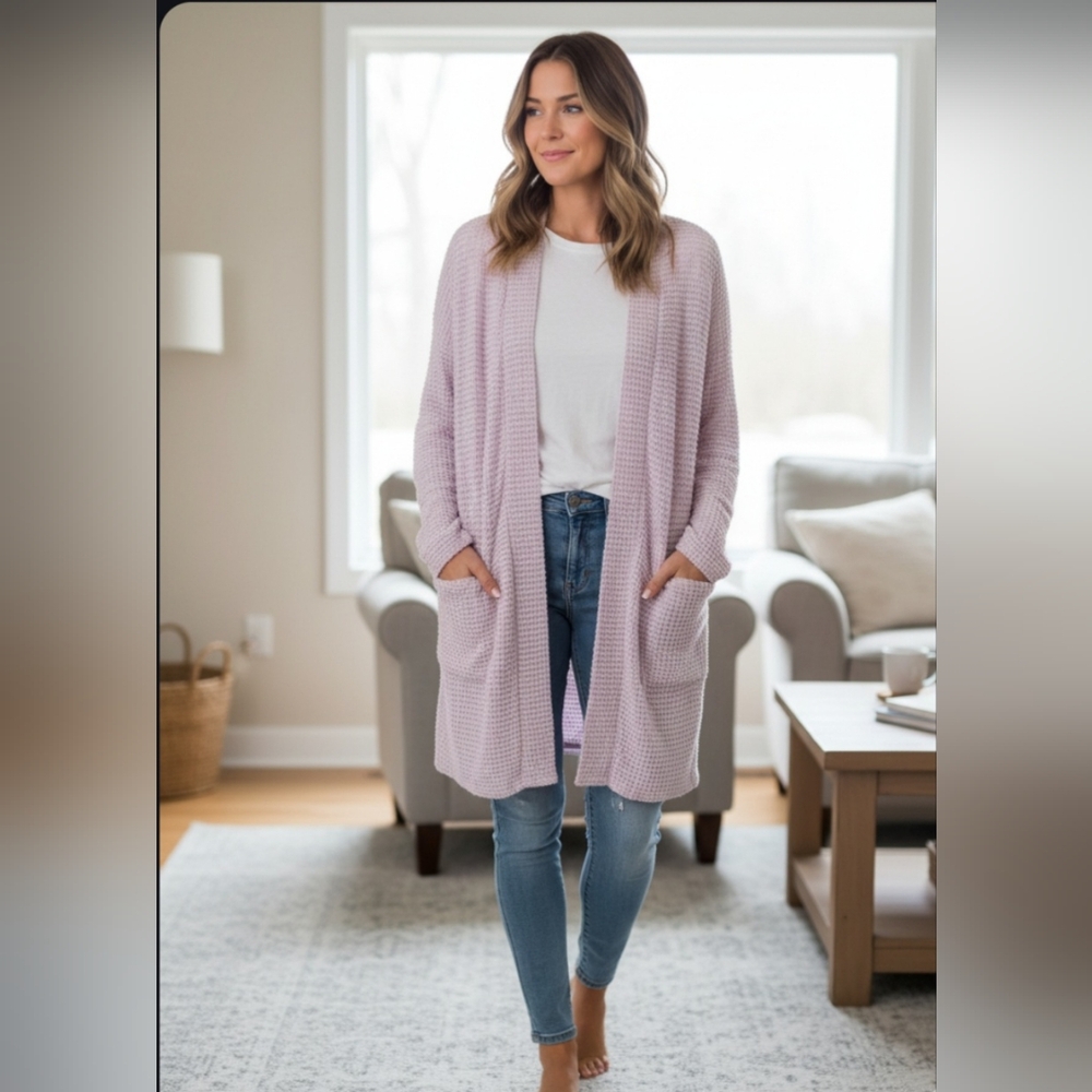 Blakeley Whiskey Kiss Soft Lavender Waffle Knit Open Front Cardigan NWOT Size SP